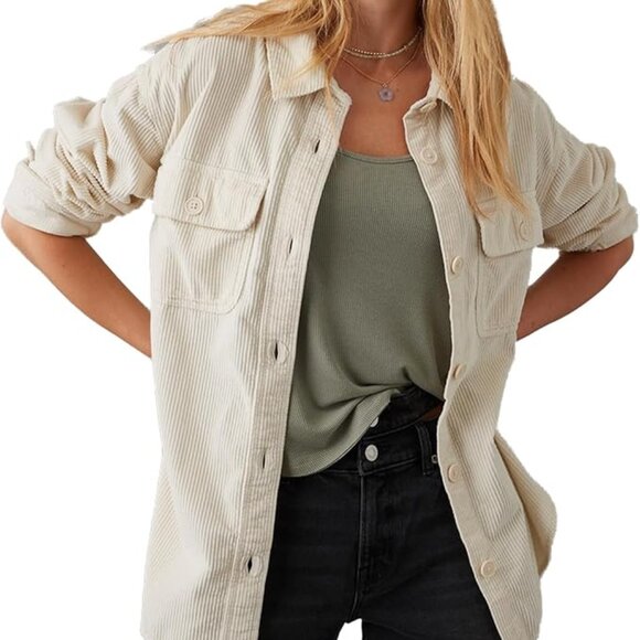 American Eagle Outfitters Jackets & Blazers - American Eagle Outfitters Women's Ivory Oversize Corduroy Button-Up Shirt Size L